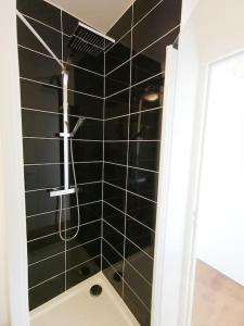 a bathroom with a shower with a black tiled wall at LE GOURMAND *T2 (40m²) *WIFI*PARKING PRIVE*CALME in Lourdes