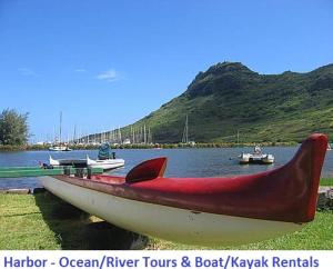 a group of boats sitting on the shore of a lake at Banyan Harbor in Lihue