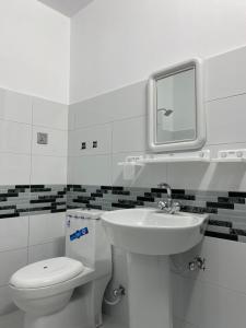 een badkamer met een toilet, een wastafel en een spiegel bij Taaj Residence Skardu in Skardu