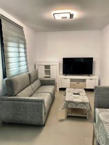 sala de estar con sofá y TV de pantalla plana en LOFT VILLALUCIA, en Conil de la Frontera