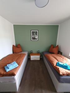 two beds sitting in a room with green walls at Neumühler Hof Ferienwohnung "Stefan" bietet 4 Schlafzimmer und 4 Bäder , eine Große Badewanne und großer Terrasse zum Garten, kostenfreie Parkmöglichkeiten in Schwerin