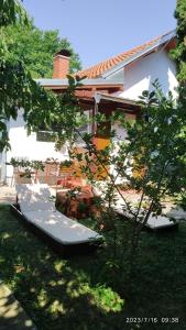 a backyard with an inflatable mattress on the grass at Apartman Stara Trešnja in Kladovo