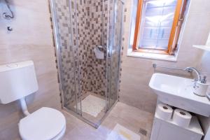 a bathroom with a shower and a toilet and a sink at Apartman Điran in Biograd na Moru