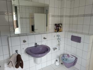 bagno con lavandino viola e specchio di FeWo Wüste Worth a Stendal