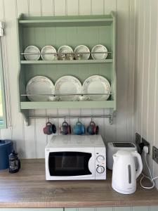 a kitchen with a microwave and plates on shelves at Market Street Shepherd's Hut Leitrim in Drumahayre