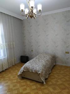 a bedroom with a bed and a chandelier at Villa in Nakhchivan city, Azerbaijan in Naxçıvan