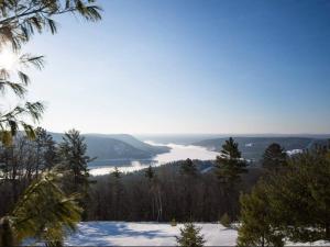 vistas a un lago con nieve y árboles en Beautiful 2 Bedroom Home in the Heart of North Bay en North Bay