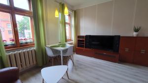 salon z telewizorem, stołem i krzesłami w obiekcie Apartament Olsztyn Centrum w Olsztynie