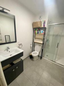 ein Bad mit einer Dusche, einem WC und einem Waschbecken in der Unterkunft T2 - Coeur de ville - Bezons in Bezons