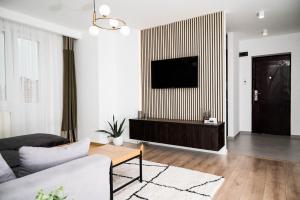 a living room with a couch and a tv on a wall at Dreambed 2 in Baia Mare
