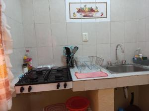 a kitchen counter with a stove and a sink at Beautiful apartment. 5 minutos Aeropuerto Internacional de la Ciudad de México in Mexico City