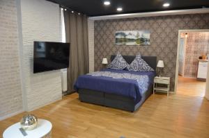- une chambre avec un lit et une télévision à écran plat dans l'établissement Apartment am Diako, à Brême