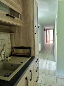 a kitchen with a sink and a counter top at Wodna Ostoja z pokojem zabaw nad jeziorem in Buczki
