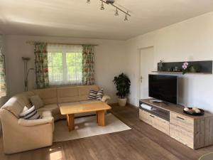 a living room with a couch and a tv at Garten Apartment Diwoky in Sankt Gilgen