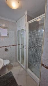 La salle de bains est pourvue d'une douche en verre et de toilettes. dans l'établissement Apartamento Henko, à Huelva