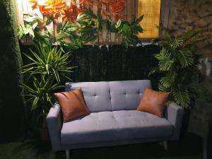 a couch sitting in front of a wall with plants at La chocita de Tortosa in Tortosa