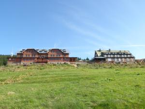 um grupo de edifícios num campo de relva em Horsky hotel Stumpovka em Rokytnice nad Jizerou