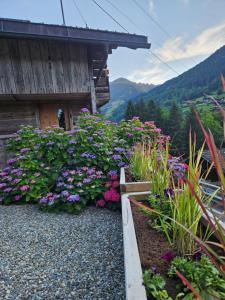a garden of flowers in front of a building at Traditional Chalet with some luxurious features in Troistorrents