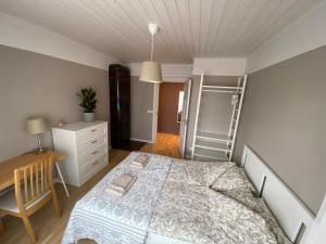 a bedroom with a bed and a desk and a ladder at Videviku Apartments in Tallinn
