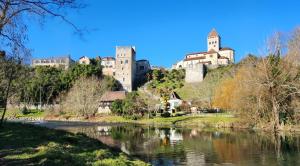 un castillo sentado en la cima de una colina junto a un río en "L'OSTAU", GRAND APPARTEMENT 84 m2 AVEC JARDIN, PISCINE, SALLE DE SPORT, 