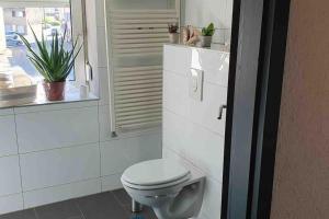 ein Bad mit einem weißen WC und einem Fenster in der Unterkunft Amina’s Auberge nähe Saarbrücken in Alsting