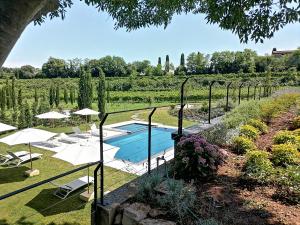 um jardim com uma piscina e um monte de guarda-sóis em Relais Ca' Morenica em Valeggio sul Mincio