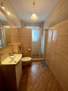 La salle de bains est pourvue de toilettes, d'un lavabo et d'une douche. dans l'établissement Willa Dominik 2, à Jastarnia