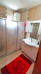 La salle de bains est pourvue d'un lavabo et d'un tapis rouge. dans l'établissement Tepedeki Ev, à Akcaabat