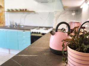 a pink tea kettle sitting on a counter in a kitchen at Rustikální romantika pro dva in Buchlovice