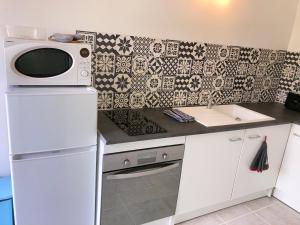 a kitchen with a white refrigerator and a microwave at A&J Studio - Bonny sur Loire -Châteaux de Guedelon- Pont Canal in Bonny-sur-Loire +12 photos