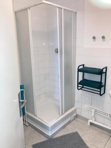 La salle de bains est pourvue d'une cabine de douche avec un siège vert. dans l'établissement A&J Studio - Bonny sur Loire -Châteaux de Guedelon- Pont Canal, à Bonny-sur-Loire