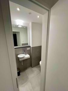 ein Badezimmer mit einem Waschbecken, einem WC und einem Spiegel in der Unterkunft Luxuswohnung 95qm in Waldrandlage zwischen Köln und Düsseldorf-Nähe Messe - Lanxessarena - Bayarena in Leverkusen