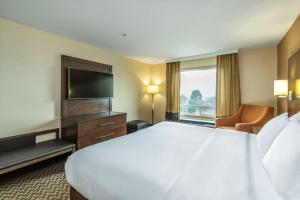 Pokój hotelowy z dużym łóżkiem i telewizorem w obiekcie Comfort Inn & Suites Salmon Arm w mieście Salmon Arm