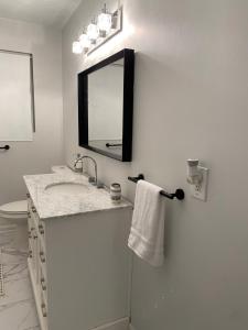 ein Bad mit einem Waschbecken und einem Wandspiegel in der Unterkunft Cute Space Near Chicks Beach in Virginia Beach