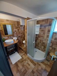 een badkamer met een douche en een wastafel bij Kuca za odmor "MARIJA" in Vrbovsko