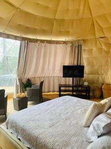 ein Schlafzimmer mit einem großen Bett und einem großen Fenster in der Unterkunft Cabañas Las Morenas Mazamitla in Mazamitla