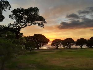 un coucher de soleil sur l'eau avec des arbres dans un champ dans l'établissement Ariki beachfront apartment, à Snells Beach