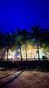 un grupo de palmeras en una playa por la noche en La Playita Resort, en Lalauigan