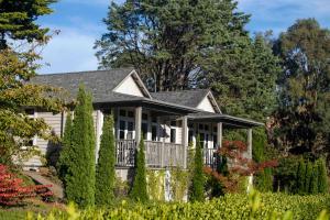 a white house with a porch and trees at Pihopa Retreat in Nelson