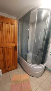 bagno con doccia e porta in vetro di Stara kuca u Virku a Žabljak