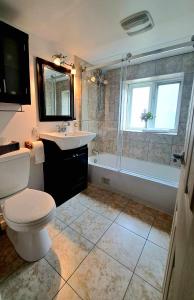 uma casa de banho com um WC, um lavatório e uma banheira em Gîte du Pionnier em L'islet Sur Mer