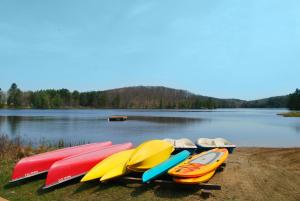 
a row of kayaks sitting on top of a beach at Trillium Resort & Spa in Port Sydney
