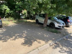 un pequeño coche aparcado junto a un árbol en Bora Apartmani - FREE PARKING - CITY CENTER en Vranje