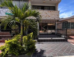 eine Palme vor einem schwarzen Zaun in der Unterkunft Casa Indigo Laureles-Estadio con Jacuzzi in Medellín