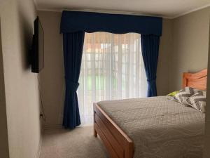 1 dormitorio con 1 cama y una ventana con cortinas azules en Casa Amoblada Santa Sofia, en Concepción