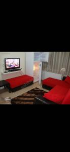 sala de estar con sofá rojo y TV de pantalla plana en Uraz Apart en Bursa