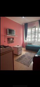 a living room with pink walls and a kitchen with a stove at Uraz Apart in Bursa