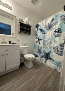 a bathroom with a toilet and a sink and a shower curtain at Coral Sky in Pensacola