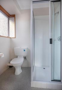 a bathroom with a toilet and a glass shower at Convenient Westfield House 3bed 2bath in Christchurch