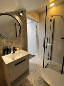 ein Badezimmer mit Waschbecken, Spiegel und Dusche in der Unterkunft Izabelės apartamentai. Butas - studija in Palanga